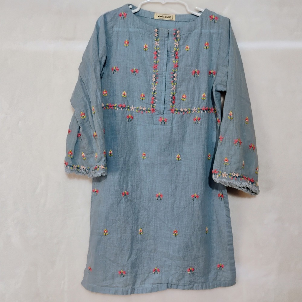 Minnie Minors Girls Blue Floral Embroidered Tunic Dress Kurta Size 5/6